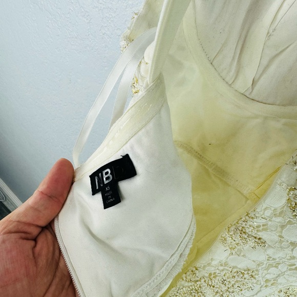 NBD Gold Metallic Lace Bustier Body Con Cream Off White Mini Dress - Picture 7 of 9